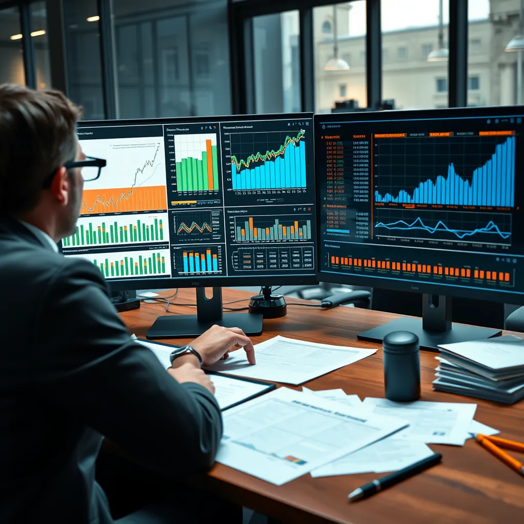 A business office environment with a professional accountant reviewing detailed financial reports and charts on a computer screen, with graphs showing upward and downward trends, and financial documents spread out on a wooden desk.