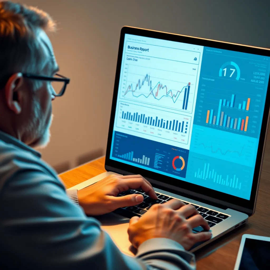 A business owner reviewing a detailed financial report with graphs and charts on a laptop screen. The report is presented in a clear and concise manner, highlighting key performance indicators. The business owner has a thoughtful expression, demonstrating how the financial data informs their decision-making.