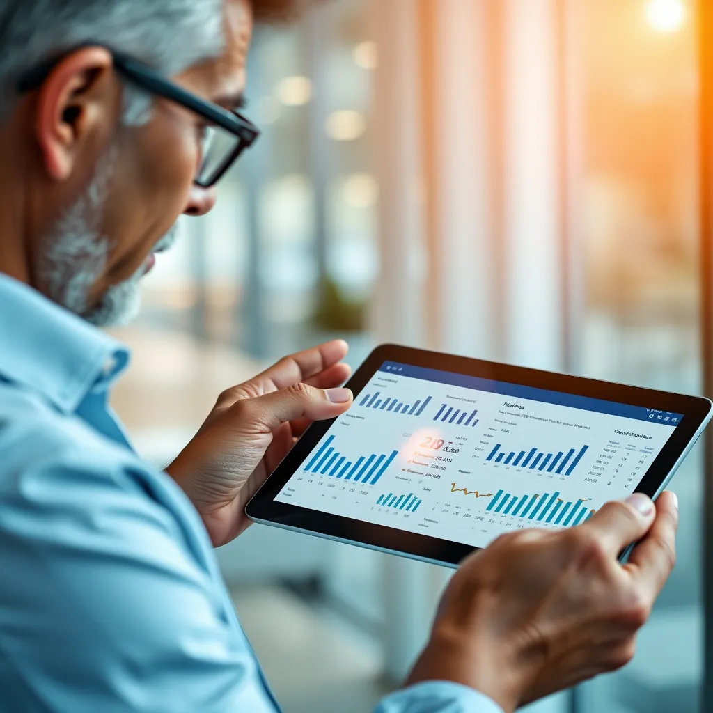 A business owner reviewing financial reports on a tablet, highlighting key metrics and trends. The image should showcase a professional and user-friendly interface with clear and concise data visualization, emphasizing the importance of accurate and timely reporting.