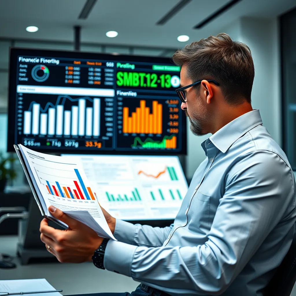 A business owner reviewing financial reports, with a large screen displaying charts and graphs representing company revenue, expenses, and profit margins. The background should be a modern office setting with a sleek, minimalist design.