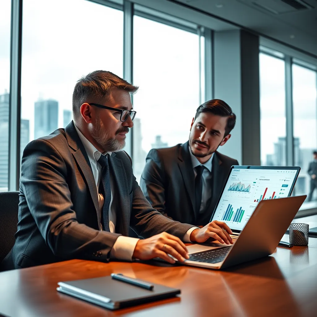 A business owner reviewing financial reports with an accountant, both looking at a laptop screen displaying charts and graphs. The background should be a conference room with a large window showcasing a cityscape, emphasizing a collaborative and strategic approach.