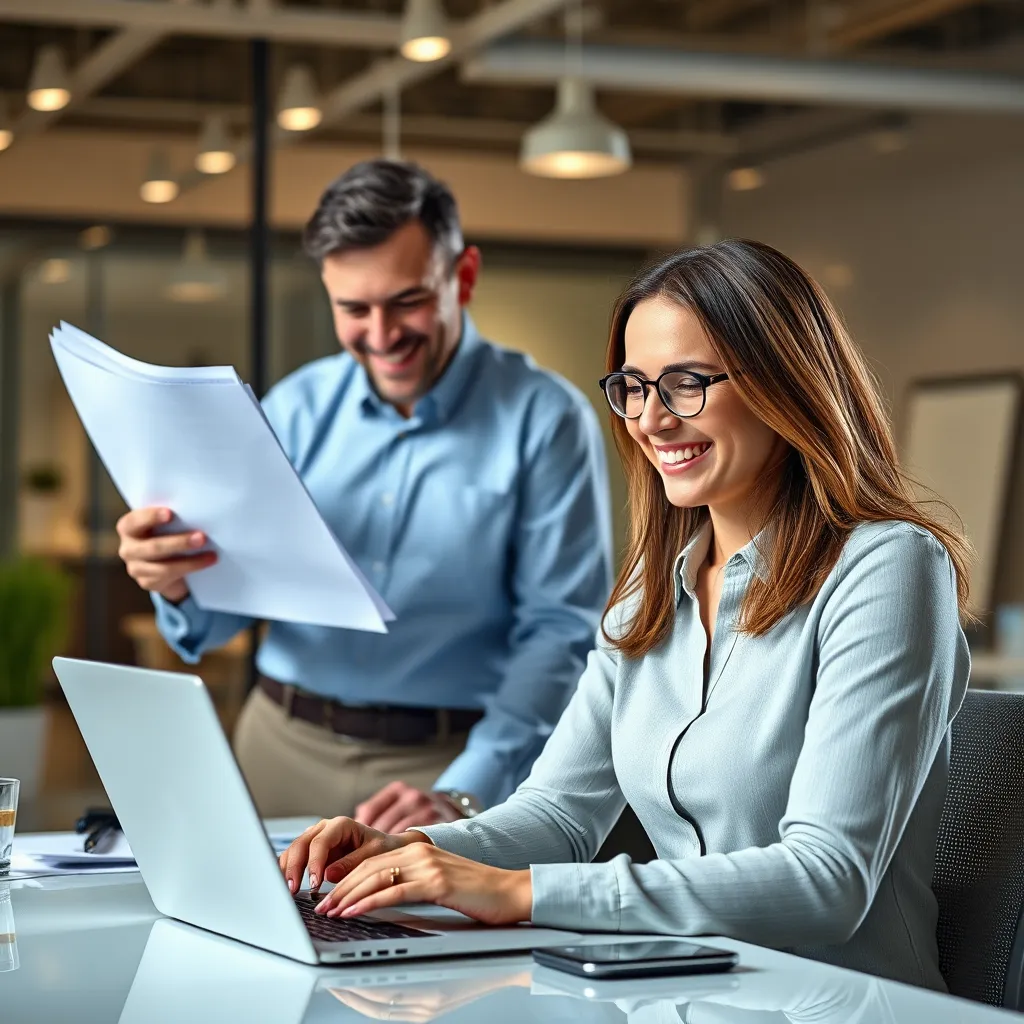 A business owner working on a laptop, smiling, while a professional accountant stands next to them, holding a stack of documents and a pen, representing the delegation of accounting tasks. The background should be a modern office setting, emphasizing efficiency and time-saving.