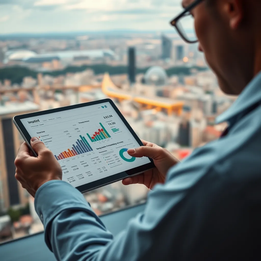A businessperson reviewing a detailed financial report on a tablet. The report displays key financial metrics, charts, and graphs. In the background, a panoramic view of a bustling city emphasizes the focus on growth and strategic planning.