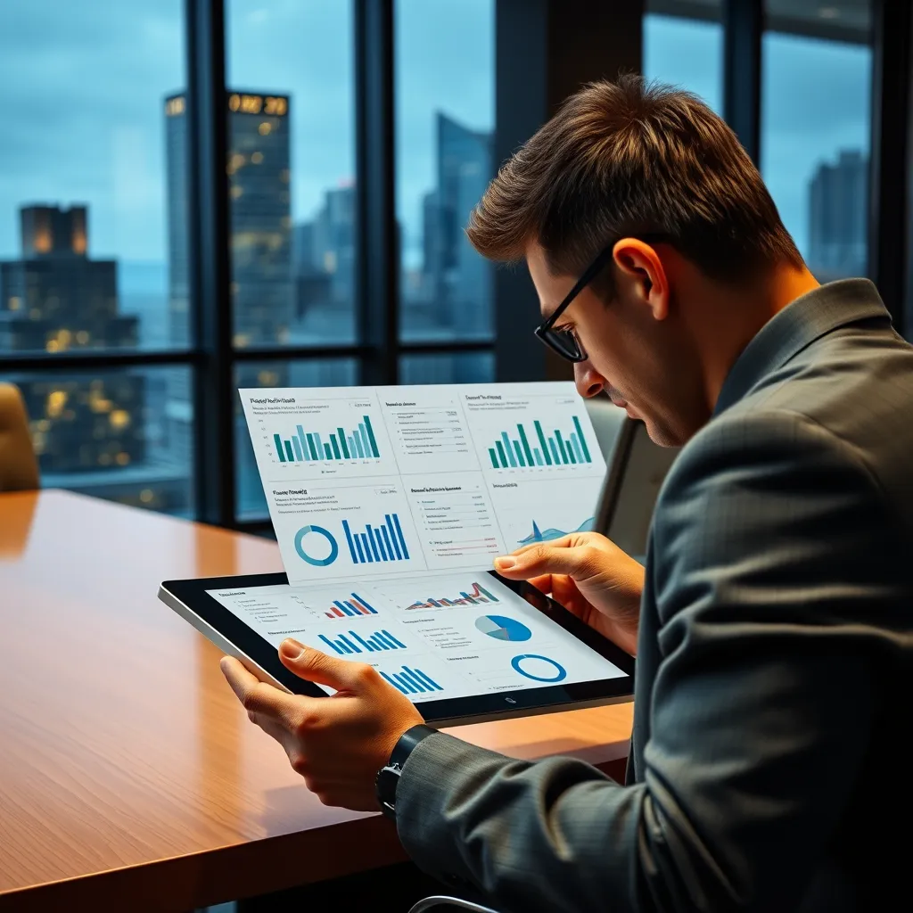 A businessperson reviewing a detailed financial report on a tablet, while sitting in a meeting room with a cityscape view behind them. The report should display charts, graphs, and key financial metrics, highlighting the visual representation of data and insights.