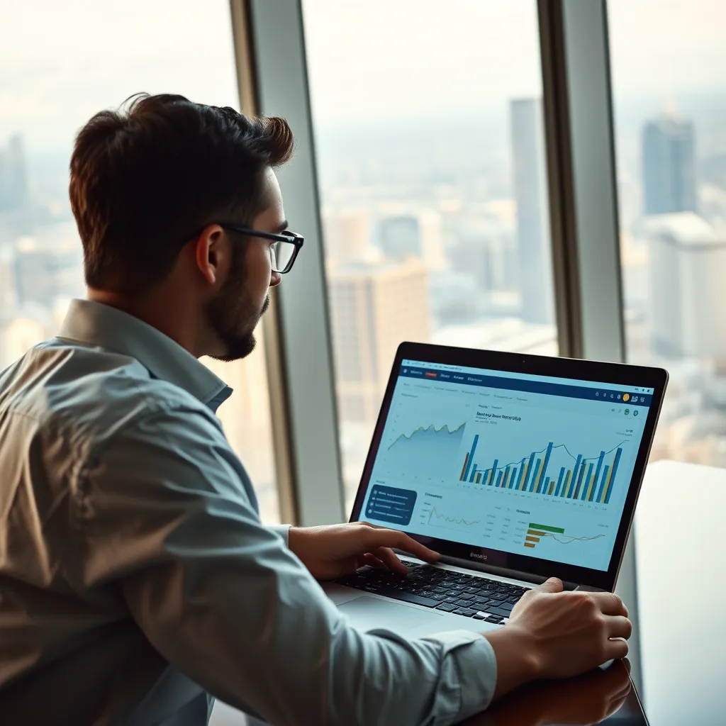 A businessperson reviewing a financial dashboard on their laptop, showing graphs and charts. The background should be a modern office with a large window overlooking a city skyline. The image should convey clarity and confidence in decision making.