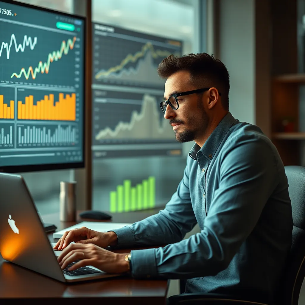 A businessperson sitting at a desk with a laptop and a large screen displaying charts and graphs depicting financial data. The person is thoughtfully reviewing the data with a pen in hand, highlighting key insights with a focused expression.