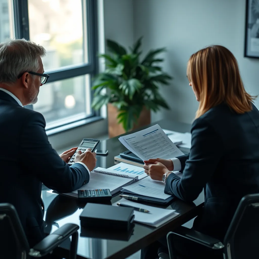 A businessperson sitting at a desk with a calculator and financial documents, discussing tax strategies with a professional accountant. Show a relaxed and confident atmosphere, emphasizing the benefit of expert guidance.