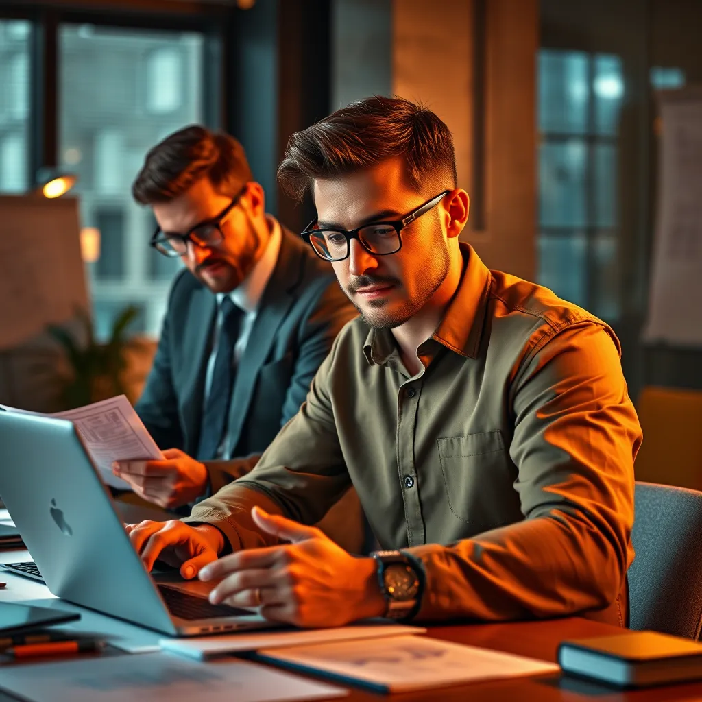 A busy entrepreneur working on a laptop while a professional accountant reviews financial documents in the background. The scene should depict a sense of collaboration and efficiency, with the entrepreneur looking confident and relaxed.