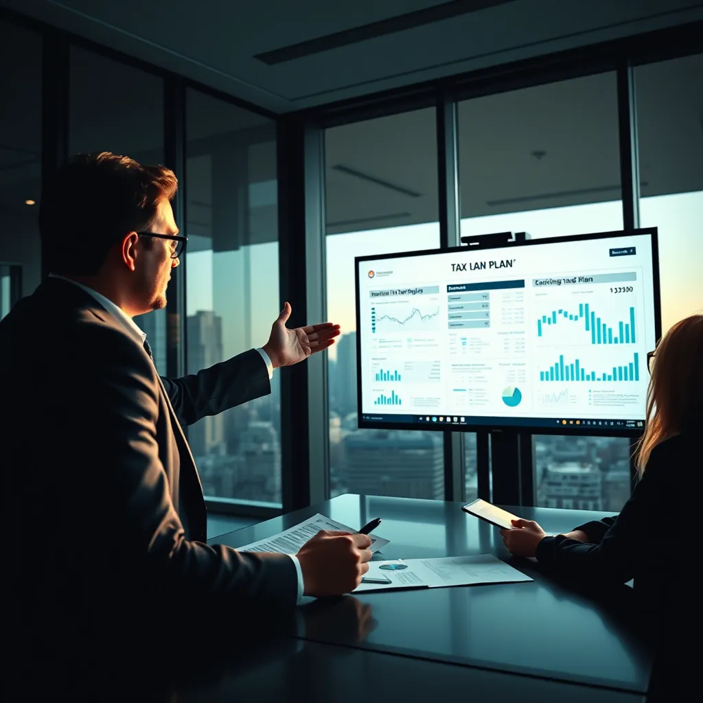 A cinematic image with dramatic side lighting, showcasing a tax advisor confidently presenting a tax plan to a client. The setting is a modern conference room with large windows overlooking a cityscape. The advisor gestures towards a large screen displaying detailed financial charts and graphs, while the client attentively listens, holding a pen and notepad. The color palette is muted and sophisticated, emphasizing trust and professionalism. The composition should focus on the interaction between the advisor and client, creating a sense of collaboration and expertise. Style reference: Steven Spielberg, 8K resolution, ultra-detailed, hyperrealistic.