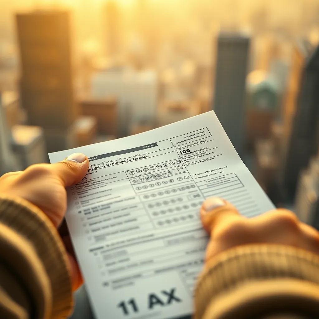 A close-up image of a pair of hands holding a tax form, focused on the numbers and details. The background should be a blurry image of a cityscape, symbolizing the complexity and fast-paced nature of financial life. The lighting should be soft and diffused, with a warm yellow hue to create a comforting and reassuring atmosphere. The image should capture the sense of precision and attention to detail required for tax preparation. Render the texture of the paper, the ink on the form, and the slight roughness of the hands with hyperrealistic detail. Achieve an 8K resolution, emphasizing the intricate details of the tax document and the hands.