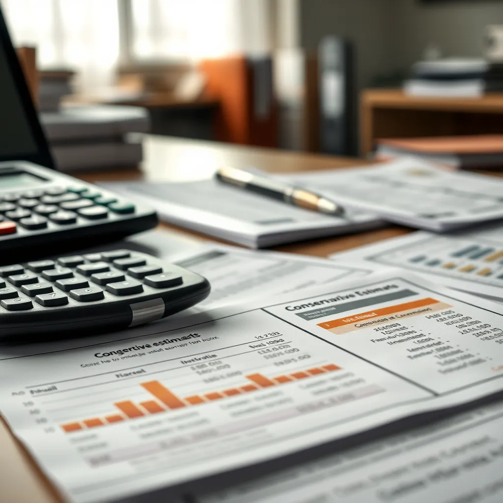 A close-up of an accountant's desk, featuring detailed financial statements with conservative estimates highlighted. The background might include an office setting with a calculator, financial textbooks, and a softly lit room suggesting careful examination and caution.