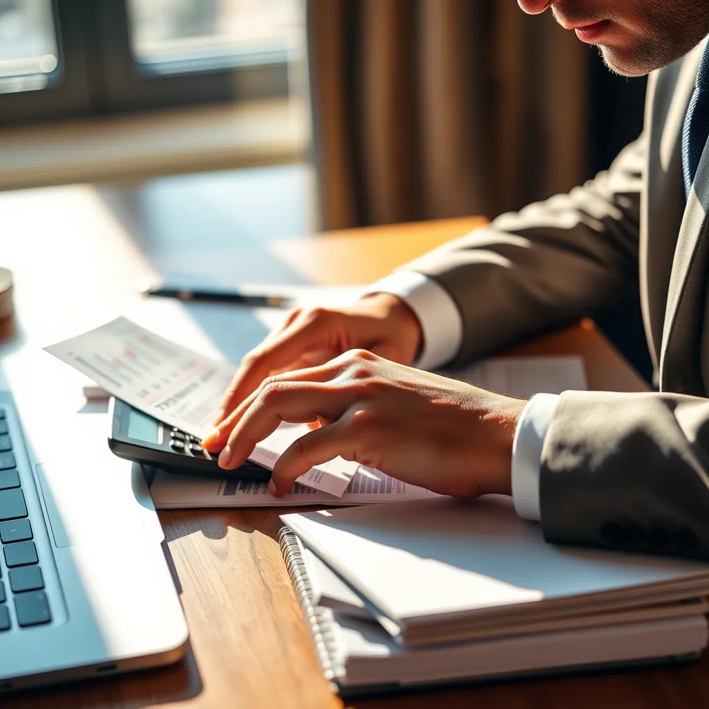 A close-up shot of a professional accountant's hands carefully reviewing financial documents on a desk bathed in warm, natural light. The accountant wears a crisp, tailored suit and has a focused expression. The desk is meticulously organized with a laptop, calculator, pen, and a stack of organized paperwork. The scene exudes professionalism and accuracy. The image is ultra-detailed, photorealistic, with a high-contrast style inspired by the work of Steve McCurry. Render in 8K resolution with a shallow depth of field, emphasizing the accountant's hands and the documents.