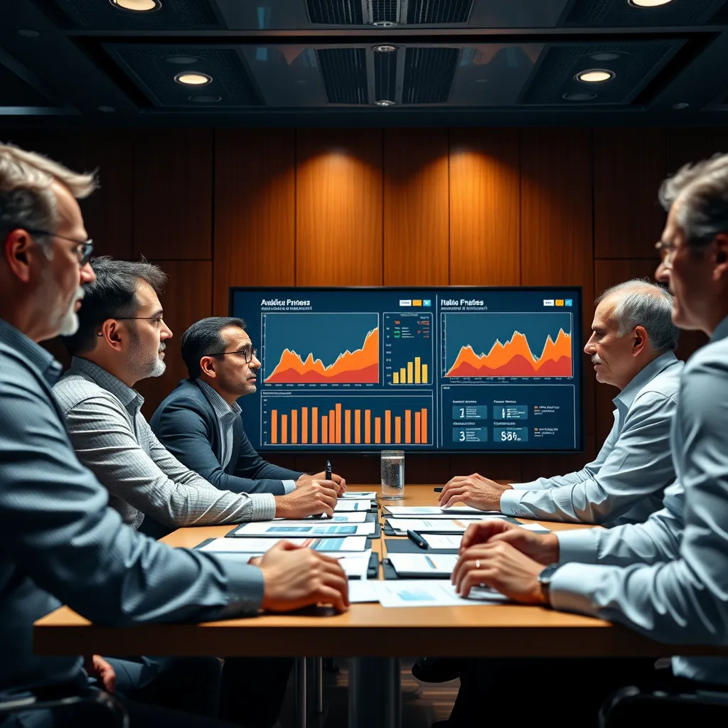 A conference room with business executives gathered around a table, carefully analyzing financial reports and charts presented on a large, high-definition screen. The expressions on their faces show focus and engagement.