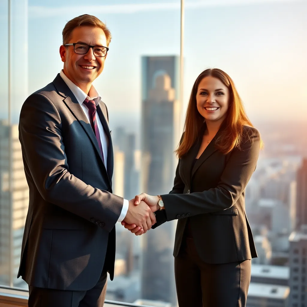 A confident businessperson shaking hands with a professional accountant, both smiling, with a cityscape view in the background. The image should convey trust, partnership, and the shared goal of achieving financial success.