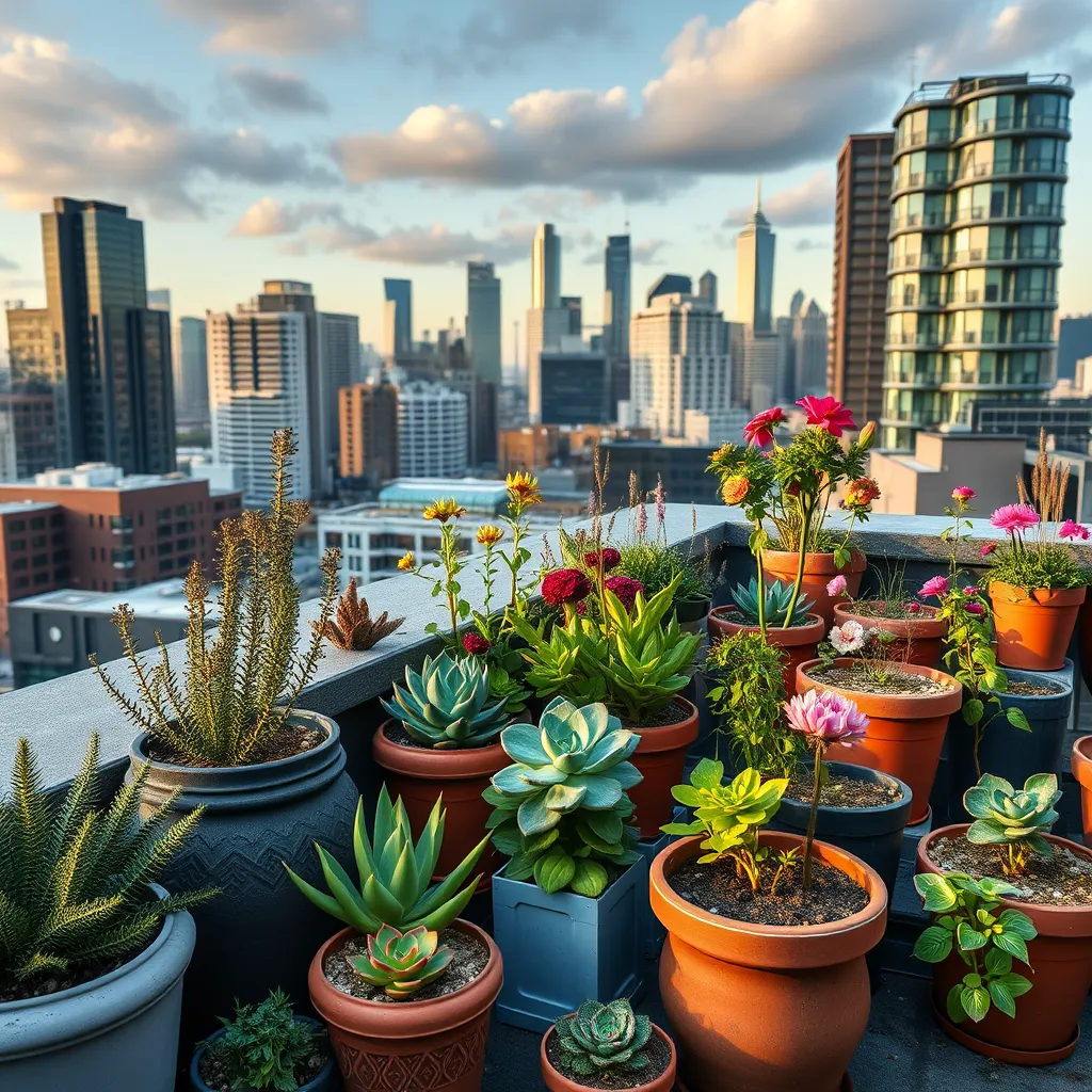 A cozy rooftop garden in the middle of a cityscape, featuring pots with hardy succulents, herbs, and flowers. The skyline of a city with modern buildings in the background.