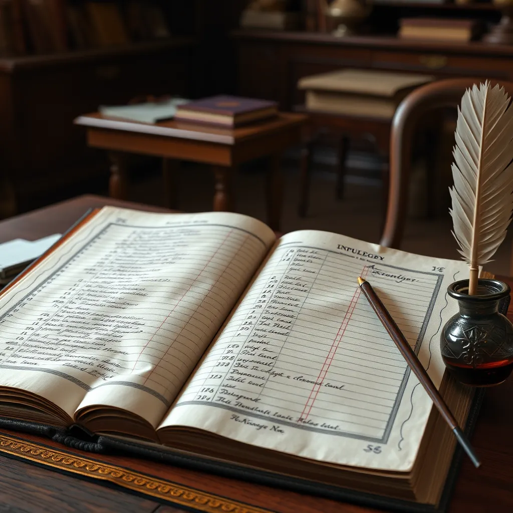 A detailed, photorealistic image of an antique ledger book opened to a page showing double-entry accounting entries. Quills and inkpot are on the side. The background should have a historical office theme with wooden furniture and soft lighting.