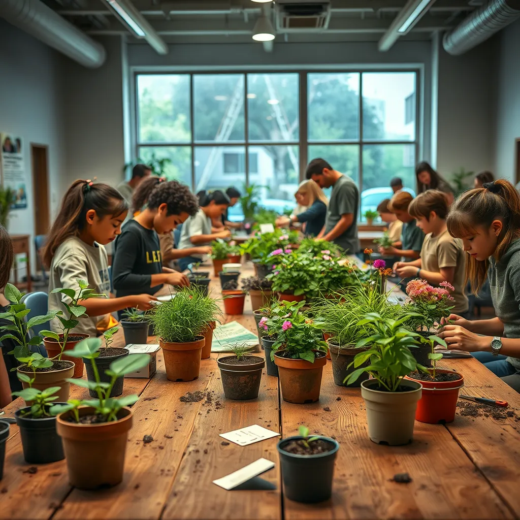 A detailed, ultra-high quality image of a DIY urban garden workshop. In a spacious, well-lit community space filled with soft ambient lighting, participants of various ages are actively engaged in creating their own small urban gardens using pots and recycled materials. The color palette incorporates lively greens, earthy browns, and pops of colorful flowers. Captured from a slightly elevated angle to showcase the entire room, the perspective emphasizes the collaborative spirit. The environment includes wooden tables cluttered with gardening tools, seeds, and instructional booklets. The texture of the plant leaves, soil, and rough wooden tables is highly detailed. Background elements like educational posters about urban gardening and large windows letting in natural light add depth. The style takes inspiration from educational photographers like Joel Sartore. Technical specifications include 8K resolution, hyperrealistic, ultra-detailed imagery.