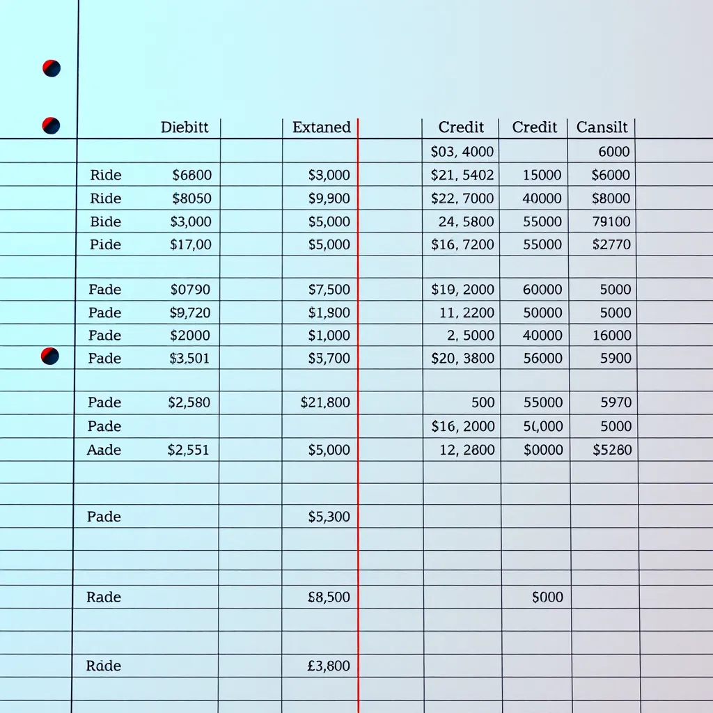 A detailed illustration of a business transaction using the double-entry bookkeeping system. Show a clear visual representation of the debit and credit sides of the transaction. Use a ledger format with separate columns for accounts affected by the transaction. Employ distinct colors for debit and credit entries, enhancing clarity and visual appeal.