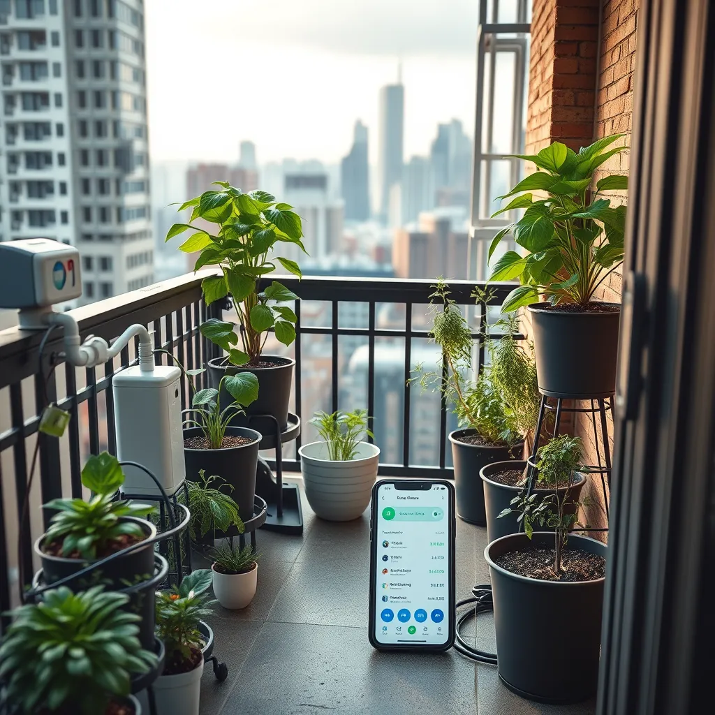 A detailed image showing an urban garden setup in a small city balcony with modern smart gadgets. Include devices like automated watering systems, plant growth sensors, and a smartphone displaying an app that tracks plant health metrics. Background should depict the city's skyline.