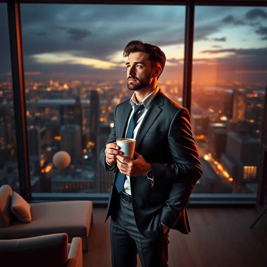 A dramatic, photorealistic image of a confident business owner standing in a modern office space, overlooking a bustling city skyline. The owner is holding a coffee cup and looking determinedly at the city below. The office is sleek and stylish, with minimalist furniture and a large window offering a panoramic view. The image should convey a sense of ambition, confidence, and success. The lighting should be warm and inviting, creating a dynamic contrast between the dark cityscape and the bright interior. The business owner should be dressed in a sharp, modern suit, exuding a sense of authority and power. Render the image in 8K resolution with hyperrealistic details, capturing every detail of the office environment and the business owner's determined expression.