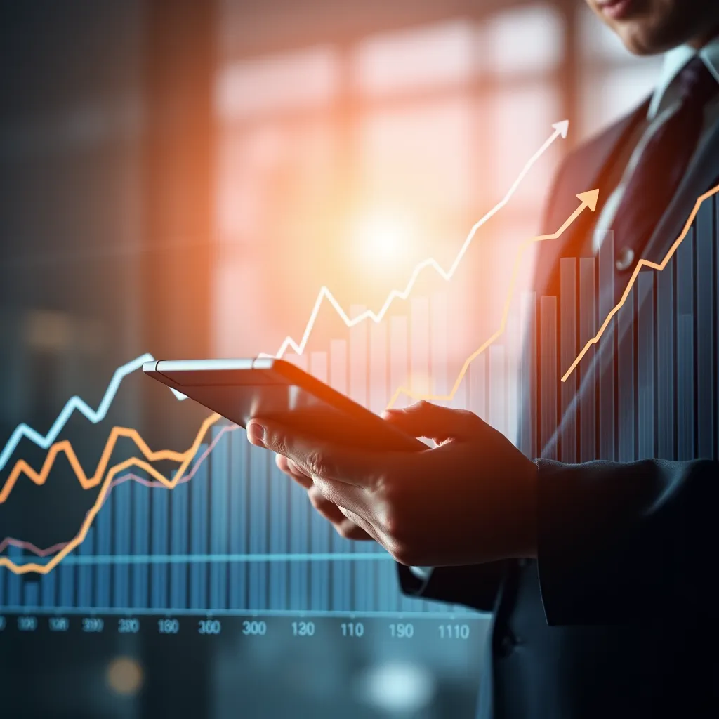 A dynamic graph representing business growth trends, overlaid with a professional accountant using a tablet to analyze data. Convey the power of data analysis and informed decision-making.