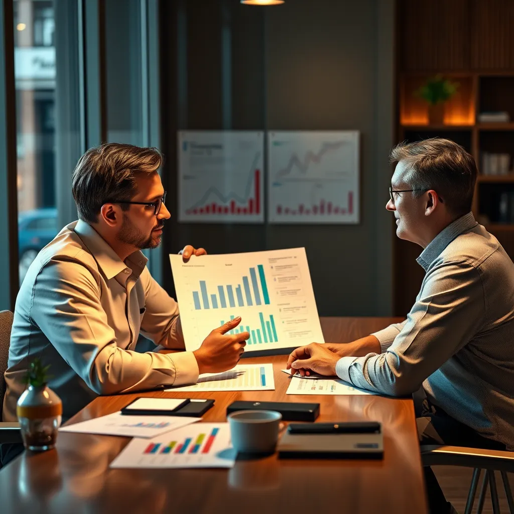 A financial advisor sitting at a table with a client, discussing a financial strategy. The scene should be warm and inviting, with charts and graphs illustrating financial concepts in a clear and accessible way.