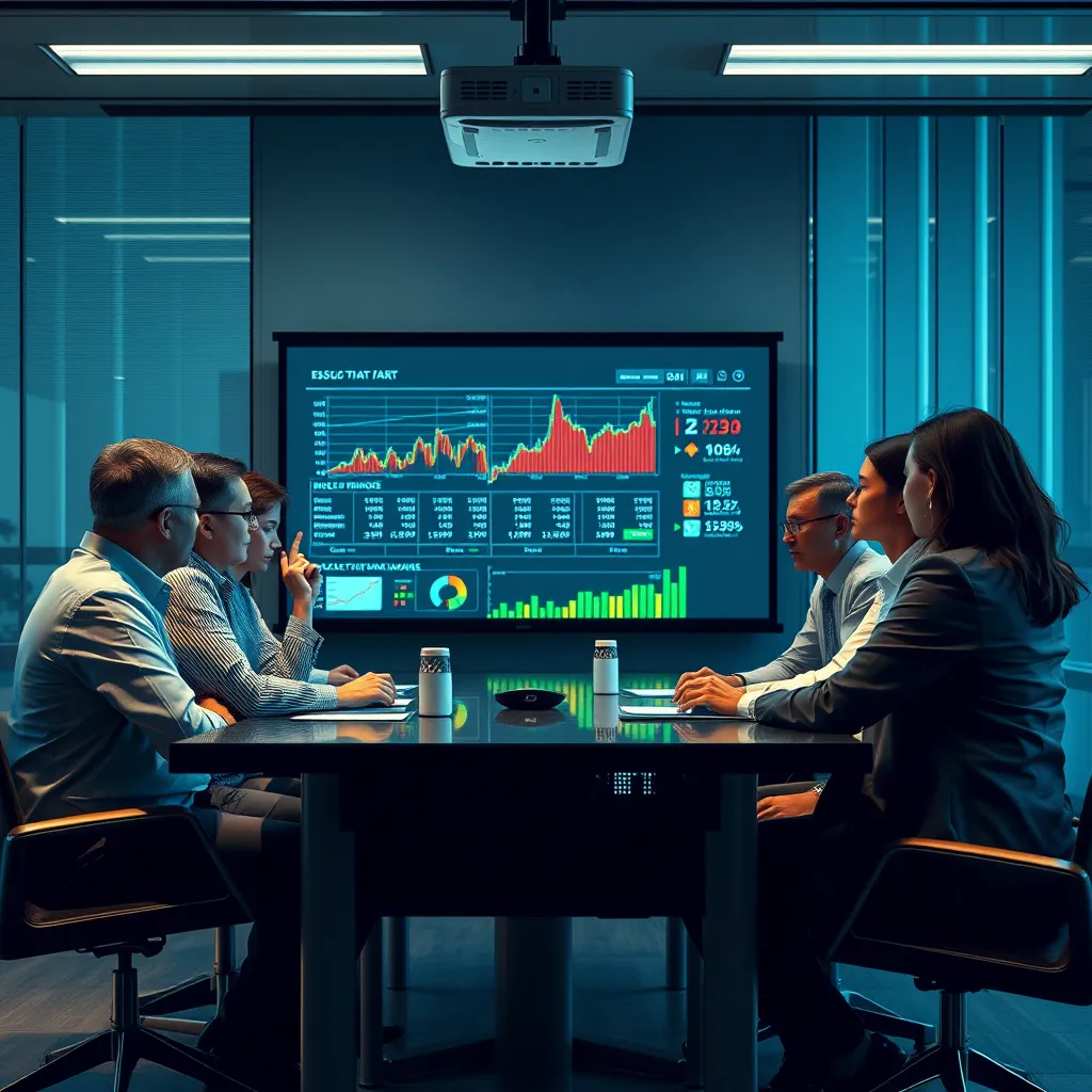 A group of business professionals gathered around a table, discussing financial data displayed on a projector. The image should convey a collaborative and analytical environment with a focus on data-driven decision-making.