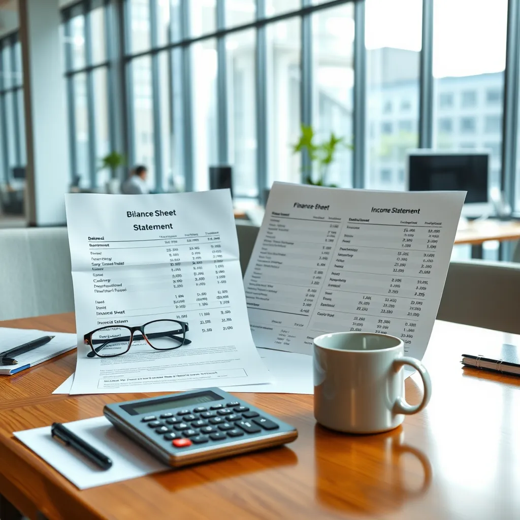 A high-quality, photorealistic image of a professional accountant's desk with open financial statements, including a balance sheet, income statement, and cash flow statement. The desk has a sleek calculator, glasses, and a coffee mug. Background shows office space with large windows providing natural light.