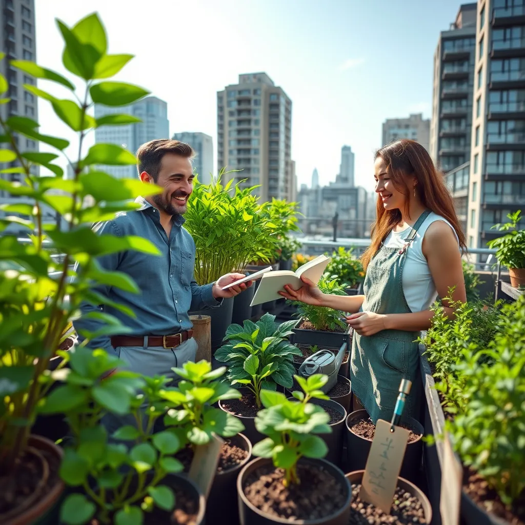 A high-resolution, photorealistic image showcasing an urban gardening consultation. The scene is set on a rooftop garden with vibrant green plants growing in a variety of containers. A knowledgeable consultant, dressed in casual but professional attire, is discussing plant care tips with an urban gardener who is eagerly taking notes. Both are smiling under the soft diffused morning light, which enhances the fresh, verdant colors. The color palette is natural with green foliage, earthy browns, and soft blues. The camera angle is eye-level to immerse the viewer fully into the scene. Detailed textures of plant leaves, the soil, and the consultant’s notepad are visible. The background includes a mix of tall city buildings and a clear sky. Props such as gardening tools, a watering can, and plant labels are meticulously placed around. The style is inspired by the works of lifestyle photographers like Annie Leibovitz. Technical specifications include 8K resolution, hyperrealistic, ultra-detailed textures, and lifelike expressions.