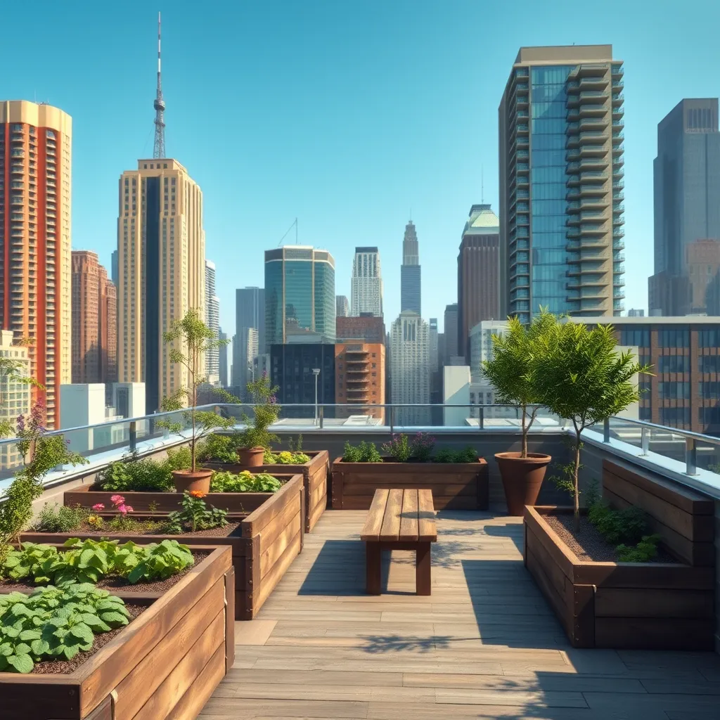 A high-resolution image of a rooftop garden in a busy cityscape. The garden should feature raised garden beds with vegetables and flowers, small trees, and a wooden bench. The background should show tall buildings and a clear blue sky.