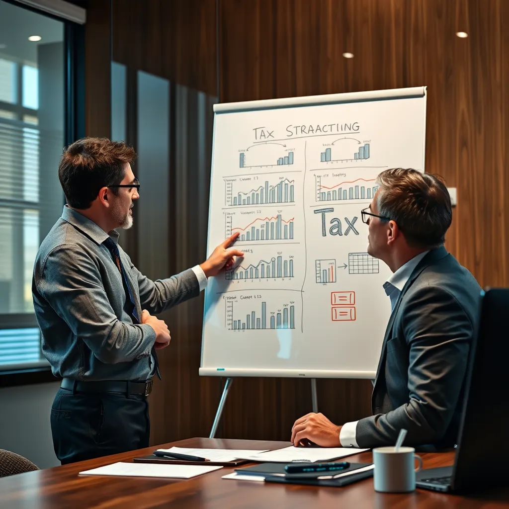 A meeting room with a professional accountant explaining tax strategies to a business owner. The accountant is pointing to a whiteboard with charts and graphs illustrating different tax planning strategies. The business owner is engaged and listening attentively, reflecting the importance of expert tax planning.