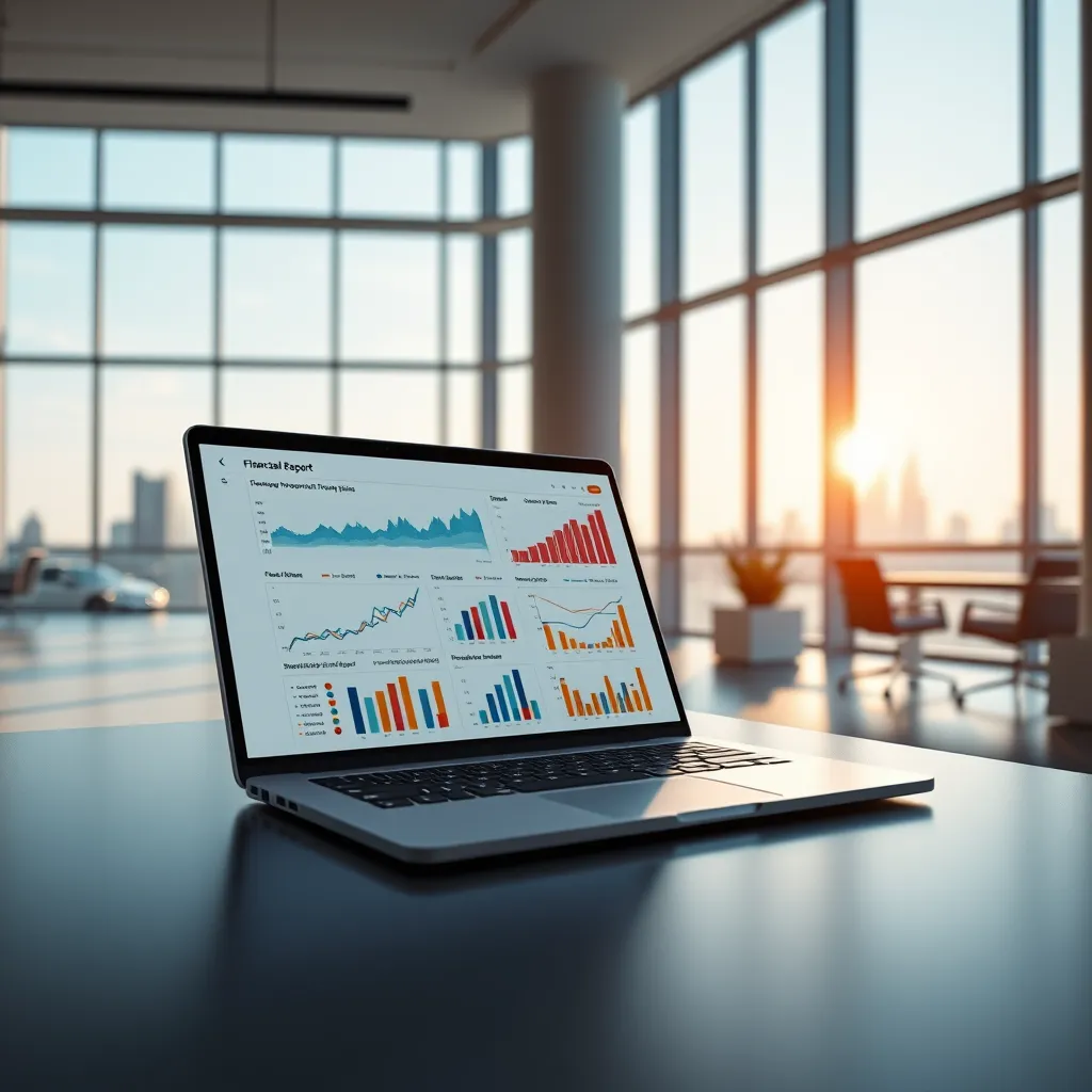 A modern, minimalist office space with large windows showcasing a cityscape. A sleek, modern laptop displays a detailed financial report, with charts and graphs showcasing trends and insights. The room is bathed in soft, natural light, creating a calm and professional atmosphere. The image is rendered in a hyperrealistic style, capturing the sharp lines and vibrant colors of the modern office space, as well as the intricate details of the financial data. The camera angle is slightly elevated, creating a sense of perspective and depth. The image should evoke a sense of trust, expertise, and clarity.