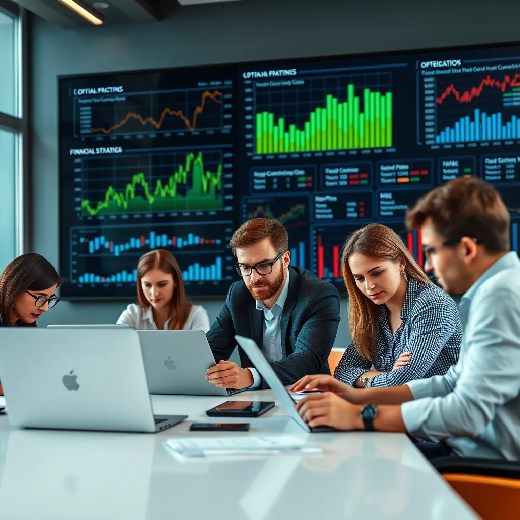 A modern office setting with a team of professionals working on laptops and tablets. The background features a large digital display showcasing charts and graphs, highlighting financial data and optimization strategies. The overall atmosphere is one of collaboration and efficiency.