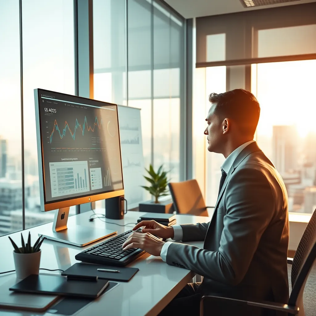 A modern office setting with a professional accountant using a computer to analyze financial data. The accountant should be wearing a suit, and the computer screen should display graphs, charts, and financial statements. The image should be bright and professional, with a warm color palette and a sense of efficiency. Use soft, natural lighting coming in from a window. The scene should be composed from a slightly elevated perspective, showing the accountant's hands interacting with the keyboard and mouse. The image should have a realistic and detailed texture, capturing the fine details of the office furniture, technology, and the accountant's attire. The image should be rendered in 8K resolution with a hyperrealistic style, capturing the subtle reflections and textures of the scene. The background should include a cityscape view through the office window, further emphasizing the modern and professional setting.
