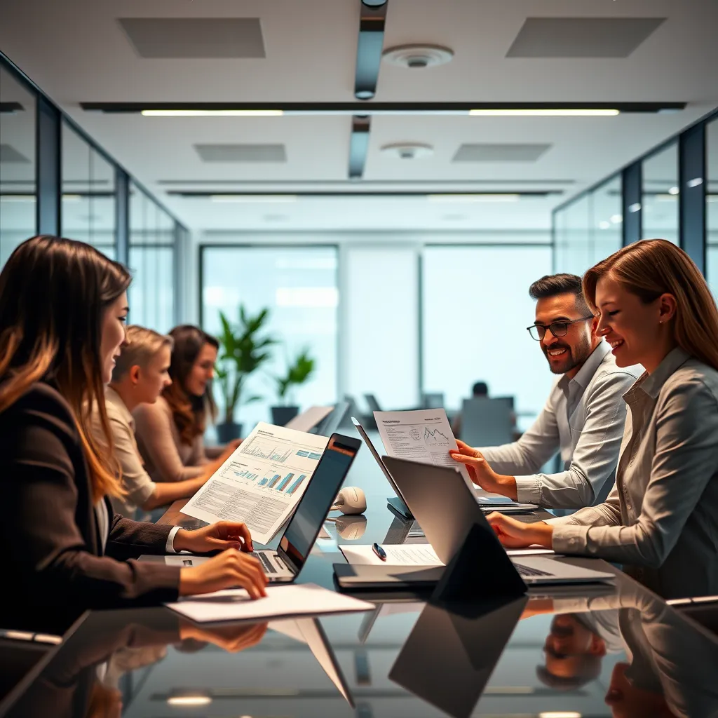 A modern office space with a team of professionals working on laptops and financial reports. They are smiling and collaborating. The background is a clean and sleek office with natural light. The image should convey efficiency and professionalism.