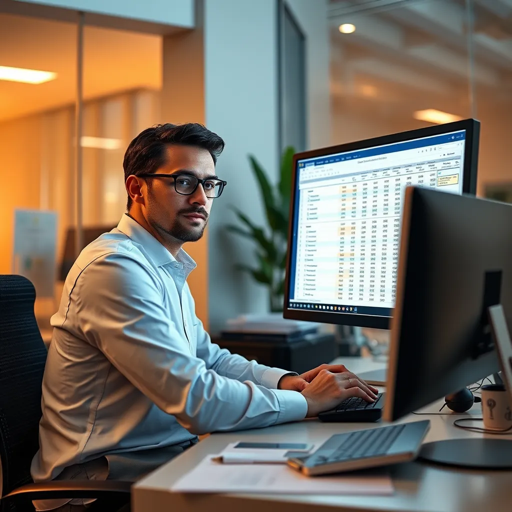 A modern office with a professional accountant using a computer to input data into accounting software, with a spreadsheet showing organized financial data on the screen. The accountant has a confident expression, highlighting the accuracy and organization of the bookkeeping process.