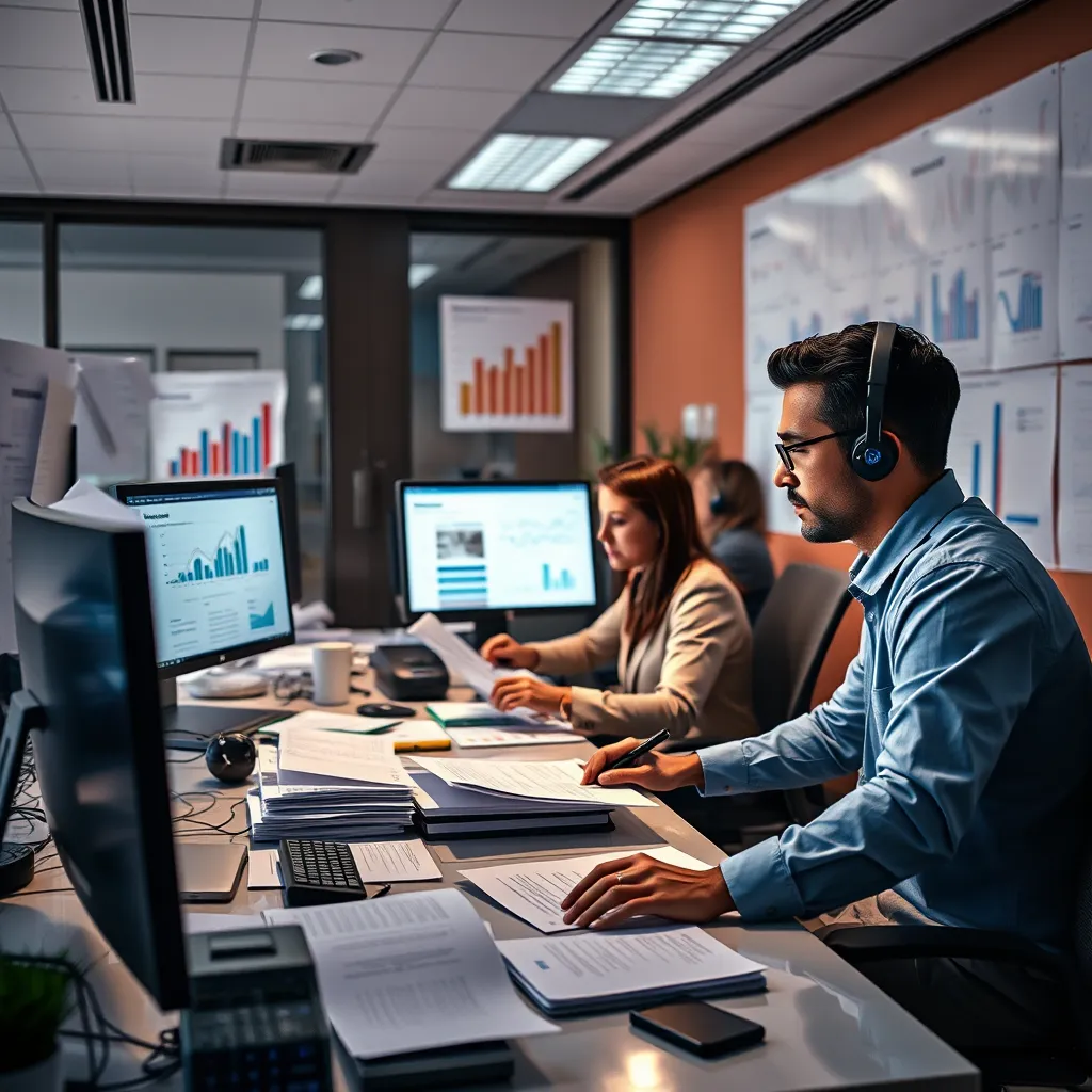 A modern office with a team of professionals working on computers, surrounded by organized financial documents and charts. Emphasize efficiency and clarity in the image.