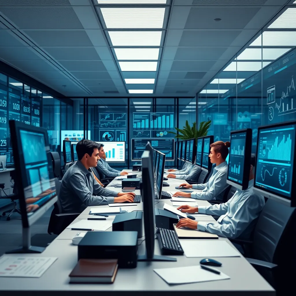 A modern office with a team of accountants working on computers, surrounded by graphs and charts, showcasing a streamlined and efficient financial management process. The image should depict a sense of order and clarity, representing a well-organized and efficient system.