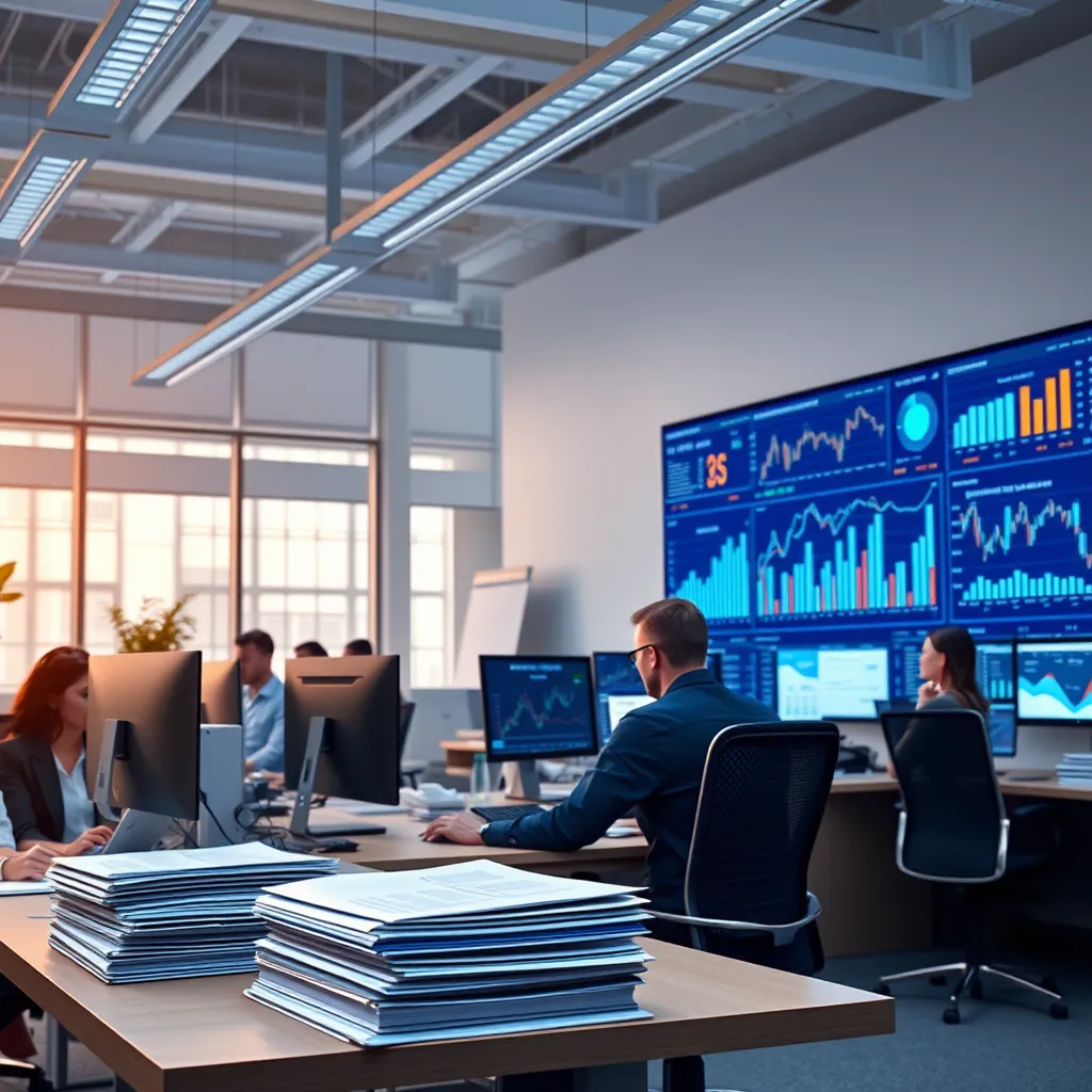 A modern office with a team of accountants working on computers, a large monitor displaying financial charts and graphs, and a stack of organized documents neatly arranged on a desk. The atmosphere should be bright and professional, highlighting efficiency and order.