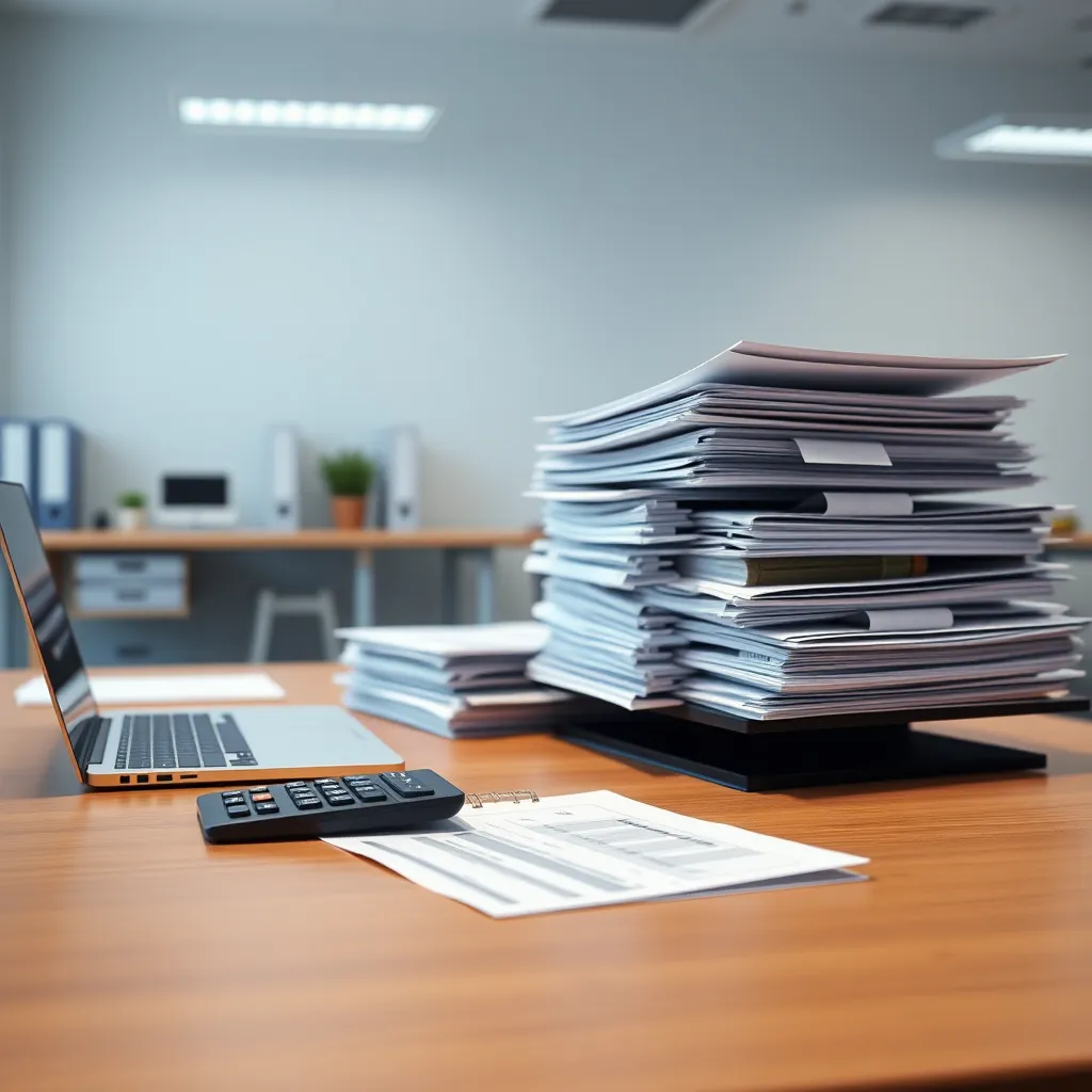 A modern office with a well-organized desk, featuring a laptop, a calculator, and stacks of neatly labeled folders and documents. The background should be a clean, minimalist office environment, emphasizing the importance of order and clarity in financial records.