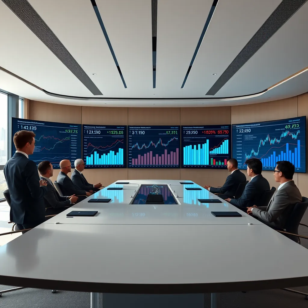 A panoramic view of a modern boardroom with a large screen displaying detailed financial charts and graphs. A group of business professionals, dressed in suits, are gathered around a large table, discussing the data presented on the screen. The room should have a sleek and minimalist design, featuring a neutral color palette and natural light streaming in from a large window. The camera angle should be wide, capturing the entire boardroom and the professionals' engaged expressions. The image should have a dynamic and energetic mood, reflecting the active discussion and data analysis. The financial charts and graphs should be visually appealing and easy to understand, showcasing key financial metrics and trends. The image should be rendered in 8K resolution with a hyperrealistic style, capturing the intricate details of the boardroom furnishings, the professionals' attire, and the vibrant displays on the screen.