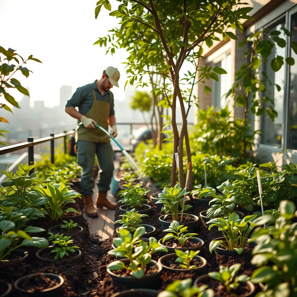 A photorealistic, ultra-high quality image depicting an urban garden maintenance service. The setting is a lush rooftop garden with an array of healthy plants in various stages of growth. Two gardeners, dressed in practical work attire, are shown in action: one watering plants with a hose and the other pruning a small tree. The scene is illuminated by soft diffused afternoon light, creating a warm and inviting atmosphere. The color palette is rich with varying shades of green, earth tones, and natural sunlight. Shot from a low camera angle to capture the detailed textures of the soil, plant leaves, and wooden decking, the perspective gives a sense of being surrounded by greenery. The background showcases distant cityscape elements subtly blurred to keep the focus on the garden. Props like a tool kit, watering can, and labeled plants enhance the authenticity. The style references the precise, detail-oriented photography of Andreas Gursky. Technical specs include 8K resolution, hyperrealistic, ultra-detailed textures, and lifelike activity.