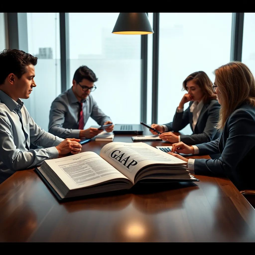 A photorealistic image of a group of accountants working together around a table, with a large book titled 'GAAP' open on the table. They are discussing financial statements and using calculators, highlighting a sense of collaboration and standardization.