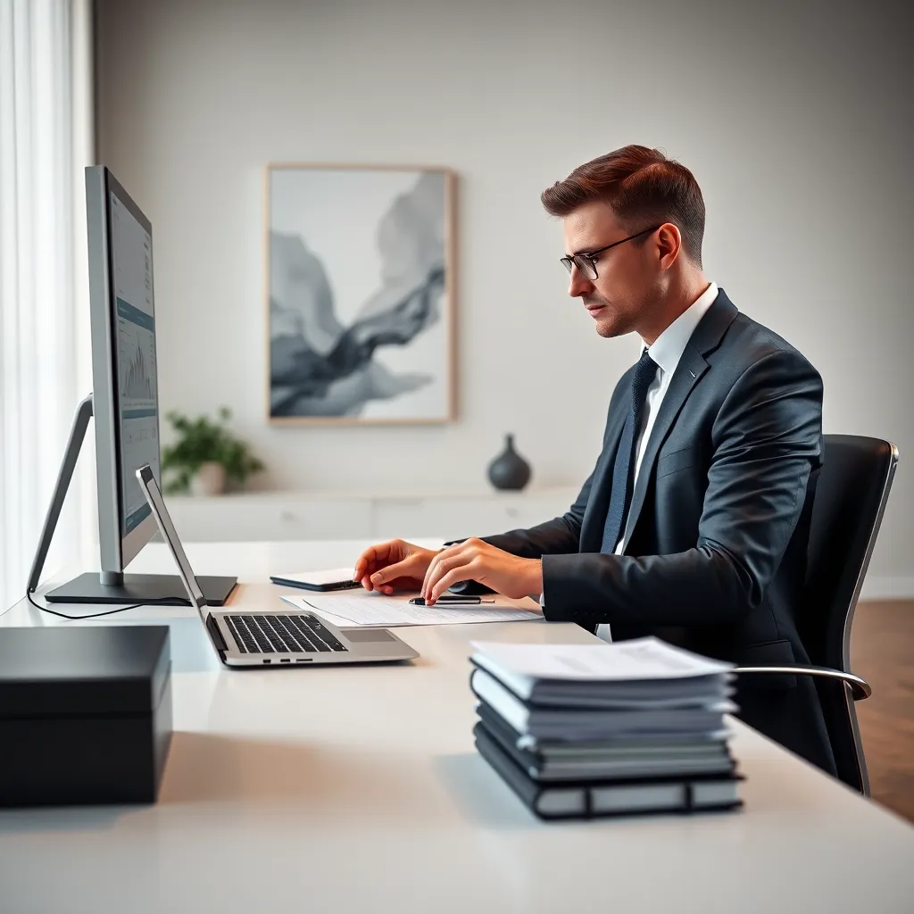 A photorealistic image of a modern office with soft, diffused lighting. A professional accountant, wearing a crisp suit, is seated at a sleek desk, meticulously reviewing financial documents on a large monitor. The desk is organized with a laptop, calculator, and a stack of neatly bound ledgers. The background features a wall with a minimalist design and an abstract piece of artwork, creating a professional and calming ambiance. The image should capture a sense of order, accuracy, and financial expertise. The composition should focus on the accountant's hands interacting with the documents and technology, emphasizing the meticulous nature of the work. Style reference: Ansel Adams, 8K resolution, ultra-detailed, hyperrealistic.