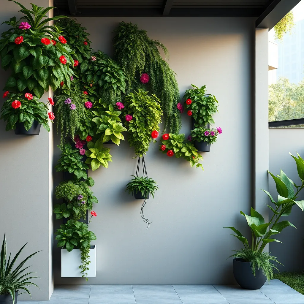 A photorealistic image of a modern urban backyard with a tall wall covered in various green plants and flowers growing in vertical planters. The wall should have colorful flowers and lush foliage, with a sleek, minimalist design.
