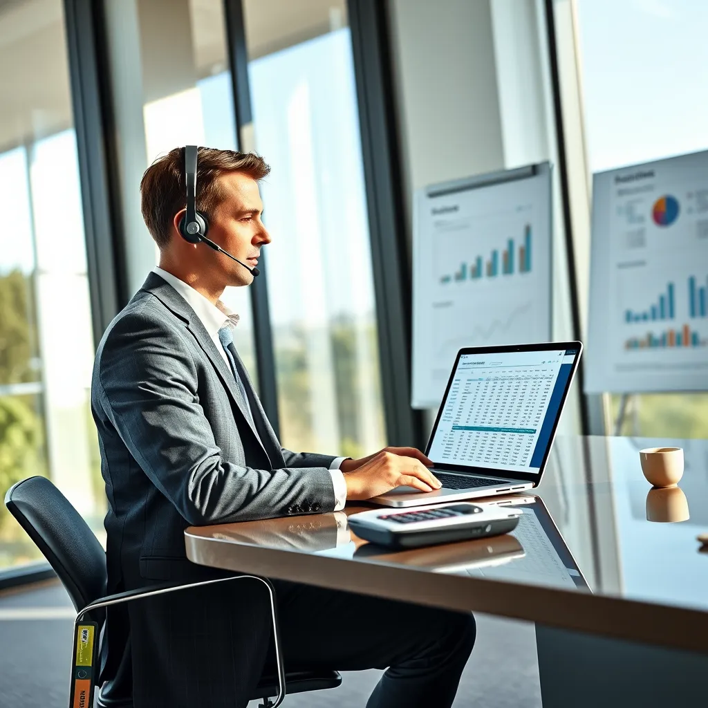 A photorealistic image of a modern office with natural light streaming in through large windows. A professional accountant, dressed in a crisp suit, sits at a sleek desk with a laptop open to a spreadsheet with financial data. The accountant is wearing a headset and is on a video call, their expression focused and confident. The desk is organized with a stack of documents, a calculator, and a cup of coffee. In the background, a whiteboard with a financial chart and graphs is visible. The image should be in the style of a high-end corporate magazine, with a sharp focus and vibrant colors. Capture the feeling of precision, professionalism, and efficiency. Render the image in 8K resolution with hyperrealistic details.