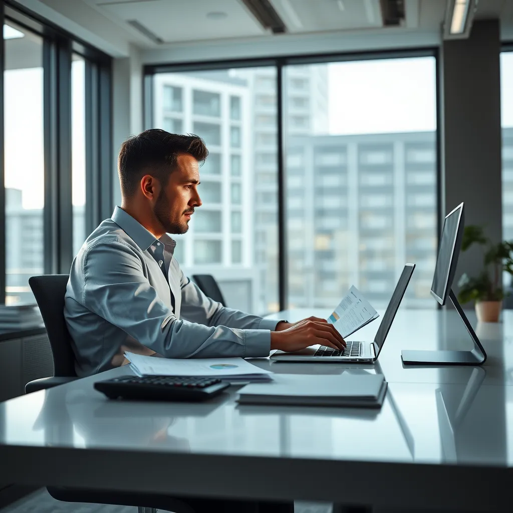 A photorealistic image of a modern office with natural light streaming through large windows. A professional accountant sits at a sleek desk, reviewing financial reports on a laptop, with a stack of organized documents and a calculator nearby. The scene evokes a sense of order, clarity, and efficiency. The color palette should be muted and professional, using shades of grey, blue, and white. The image should be captured from a slightly elevated angle, emphasizing the organized workspace and the accountant's focused demeanor. Render the details with high fidelity, showcasing the textured surfaces of the desk, the crispness of the documents, and the soft glow of the computer screen. Achieve an 8K resolution with a hyperrealistic style, emphasizing the sharp details and textures.