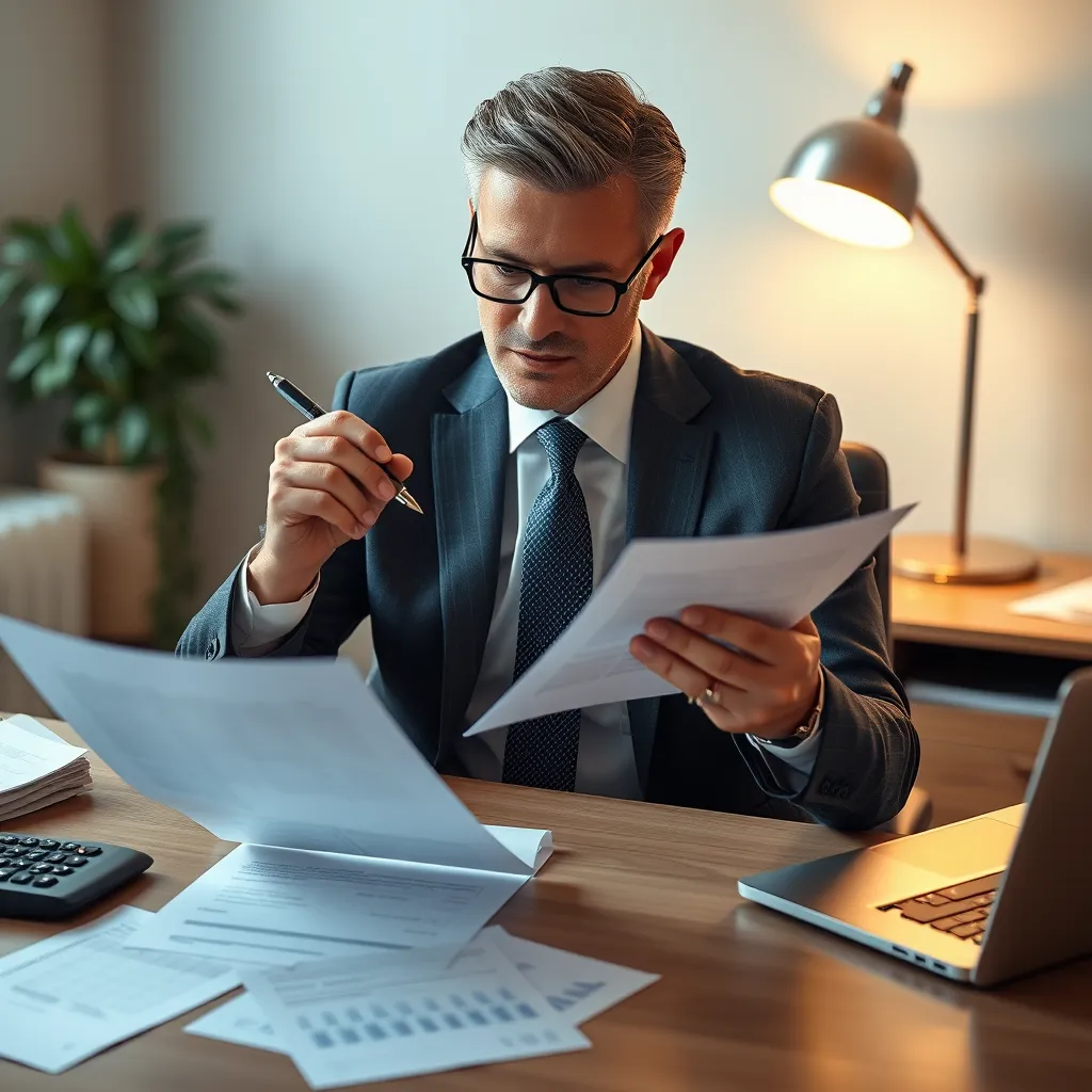A photorealistic image of a professional tax consultant, dressed in a suit, seated at a desk in a well-lit office. The consultant is holding a pen and carefully reviewing financial documents. The desk should be clutter-free, with only essential items like a calculator, a laptop, and a stack of financial papers. The scene should be bathed in soft, warm lighting emanating from a nearby desk lamp. The camera angle should be slightly above, capturing the consultant's focused expression and the details of the documents. The color palette should be muted and professional, using shades of gray, beige, and blue. The image should have a sense of calmness and trustworthiness, highlighting the consultant's expertise and the meticulousness of the tax preparation process. The image should be rendered in ultra-high resolution, showcasing the intricate details of the documents, the consultant's attire, and the office setting.