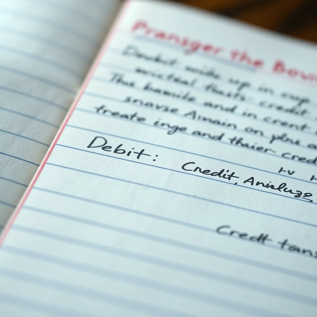 A photorealistic image of a traditional ledger book with handwritten entries in columns labeled 'Debit' and 'Credit'. The image should focus on a specific transaction entry with corresponding debits and credits, showcasing the meticulous nature of double-entry bookkeeping.