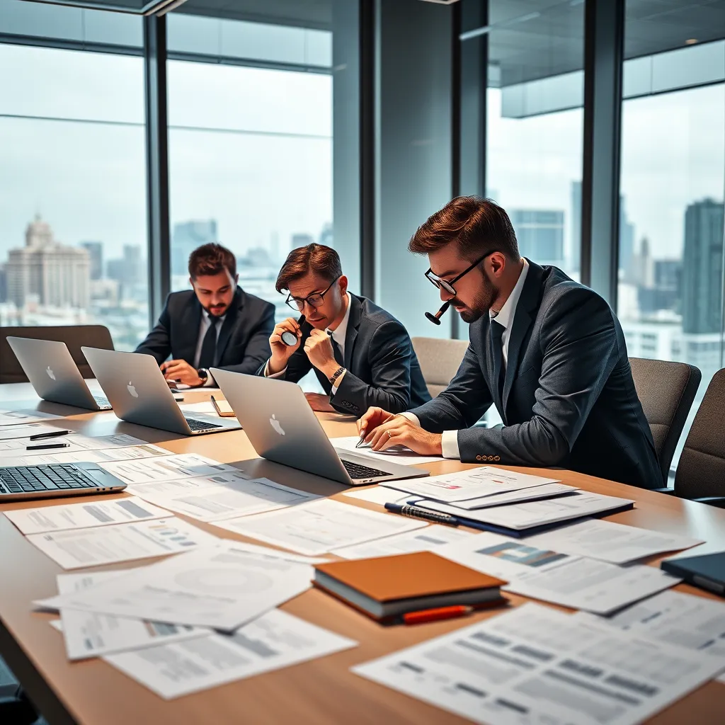 A photorealistic image of auditors in a modern conference room. They are scrutinizing financial records and reports with magnifying glasses. Laptops and audit documents are scattered on the large table, and a large window shows a city skyline in the background.